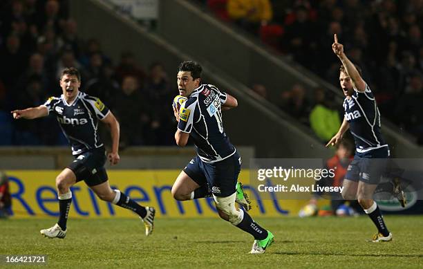 Cameron Shepherd of Sale Sharks breaks through to score his try during the Aviva Premiership match between Sale Sharks and Gloucester at the Salford...