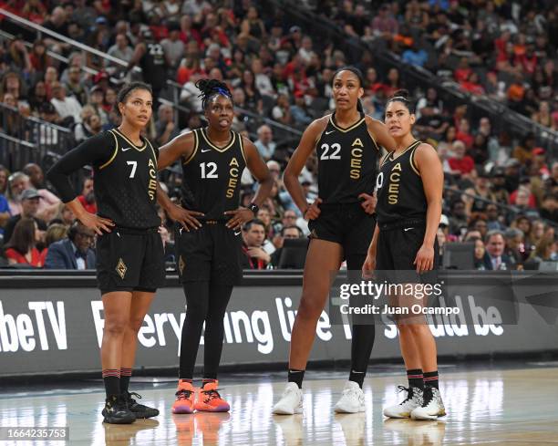 Las Vegas Aces team looks on during the game on September 13, 2023 at T-Mobile Arena in Las Vegas, Nevada. NOTE TO USER: User expressly acknowledges...