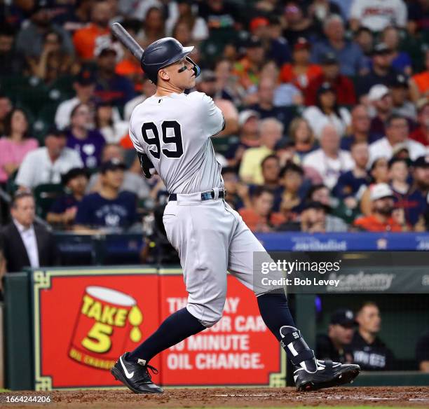 Aaron Judge of the New York Yankees bats against the Houston Astros at Minute Maid Park on September 03, 2023 in Houston, Texas.