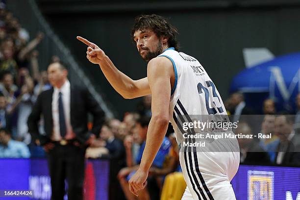 Sergio Llull of Real Madrid celebrates during the Turkish Airlines Euroleague Play Off game 2 against Maccabi Electra Tel Aviv at Palacio de los...