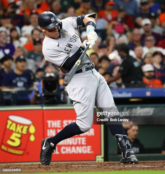 Aaron Judge of the New York Yankees bats against the Houston Astros at Minute Maid Park on September 03, 2023 in Houston, Texas.