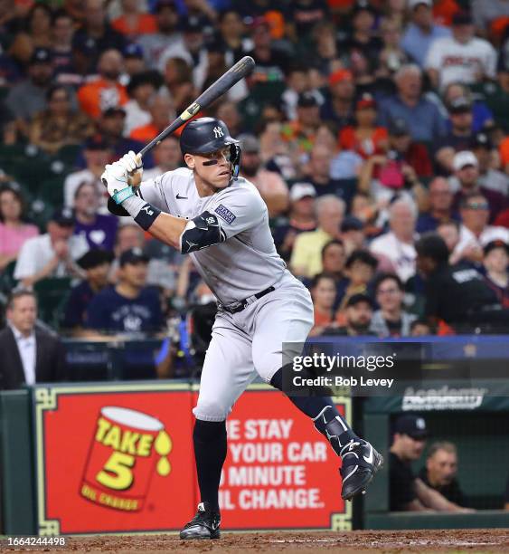 Aaron Judge of the New York Yankees bats against the Houston Astros at Minute Maid Park on September 03, 2023 in Houston, Texas.