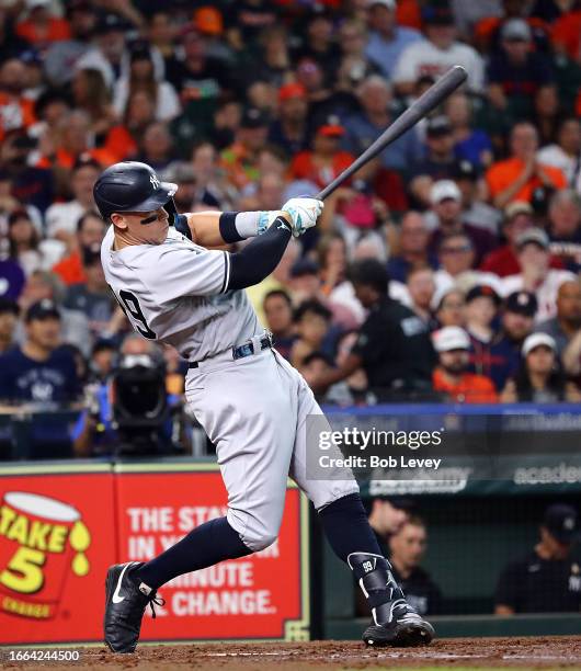 Aaron Judge of the New York Yankees bats against the Houston Astros at Minute Maid Park on September 03, 2023 in Houston, Texas.