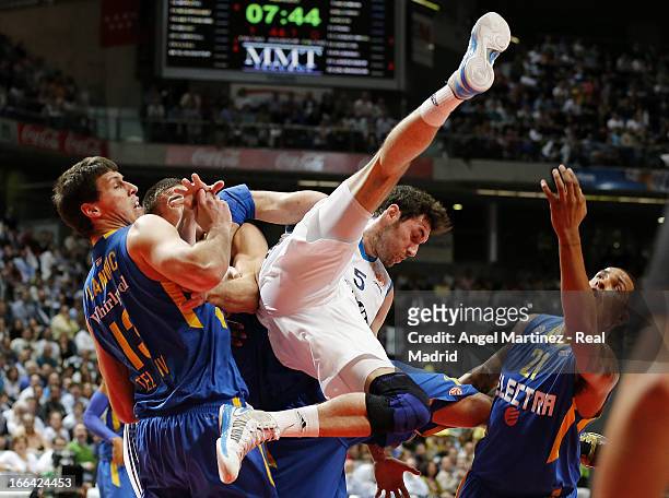 Rudy Fernandez of Real Madrid falls during the Turkish Airlines Euroleague Play Off game 2 against Maccabi Electra Tel Aviv at Palacio de los...