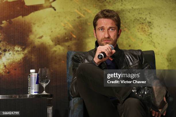 Actor Gerard Butler speaks during a press conference to promote his new film "Olympus Has Fallen" at St Regis Hotel on April 12, 2013 in Mexico City,...