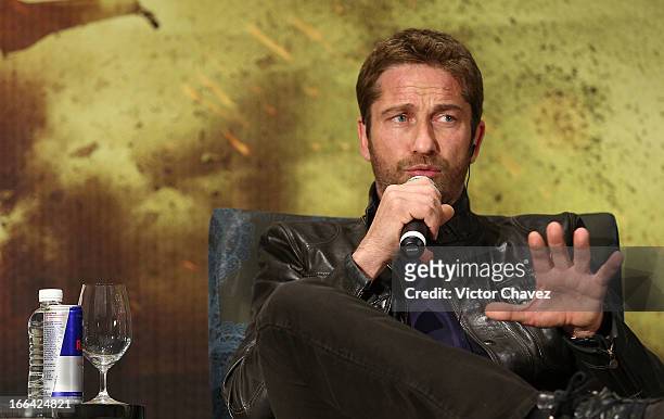 Actor Gerard Butler speaks during a press conference to promote his new film "Olympus Has Fallen" at St Regis Hotel on April 12, 2013 in Mexico City,...