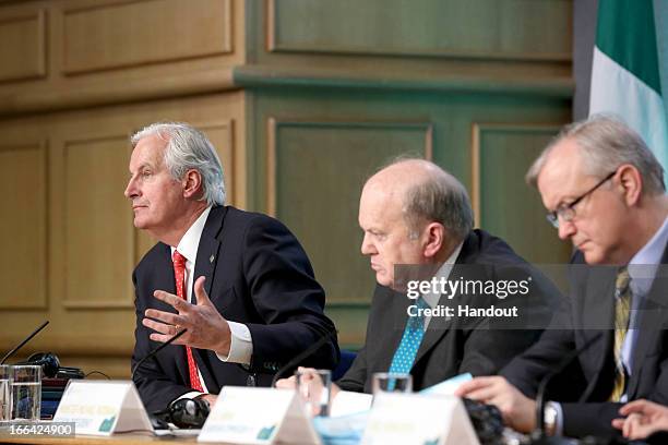 Michel Barnier, Commisioner for Internal Market and Services; Minister for Finance Michael Noonan and Olli Rehn, the European Commision Vice...