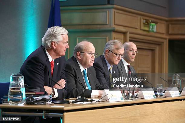 Michel Barnier, Commisioner for Internal Market and Services; Minister for Finance Michael Noonan, Olli Rehn, the European Commision Vice President,...