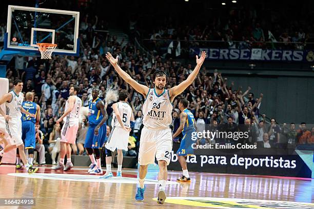 Sergio Llull, #23 of Real Madrid in action during the Turkish Airlines Euroleague 2012-2013 Play Offs game 2 between Real Madrid v Maccabi Electra...