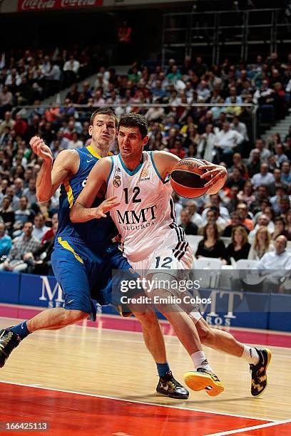 Nikola Mirotic, #12 of Real Madrid in action during the Turkish Airlines Euroleague 2012-2013 Play Offs game 2 between Real Madrid v Maccabi Electra...