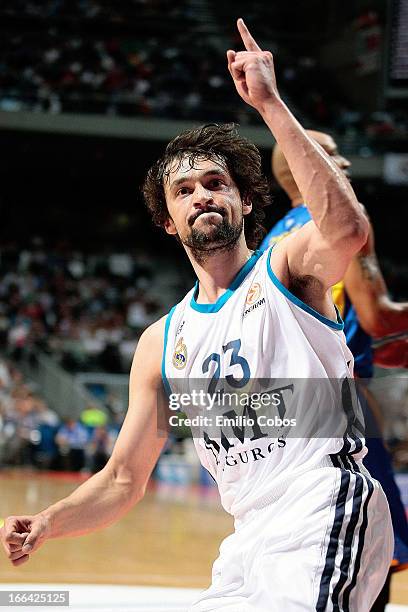 Sergio Llull, #23 of Real Madrid in action during the Turkish Airlines Euroleague 2012-2013 Play Offs game 2 between Real Madrid v Maccabi Electra...