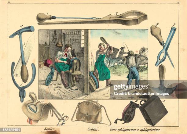 Professions - The saddler. Coloured lithograph. Without year Berufe - Der Sattler / Sedlar / Faber ephippiorum s. Ephippiorius. Kolorierte...