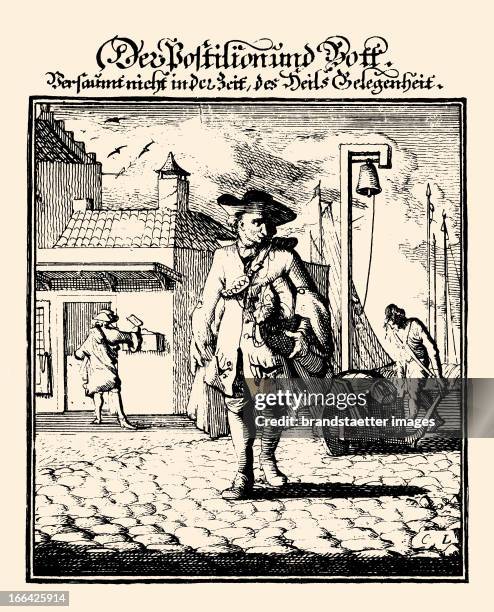 Professions - Mailman. Etching by Christoph Weigel. From: Abbildung der Gemein-Nuetzlichen Haupt-Staende . Regensburg 1698. Berufe - Der Postillion...