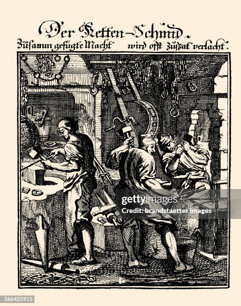 Professions - Chain blacksmith. Etching by Christoph Weigel. From: Abbildung der Gemein-Nuetzlichen Haupt-Staende . Regensburg 1698. Berufe -...