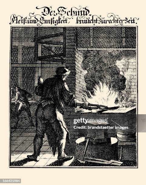 Professions - Blacksmith. Etching by Christoph Weigel. From: Abbildung der Gemein-Nuetzlichen Haupt-Staende . Regensburg 1698. Berufe - Der Schmied ....