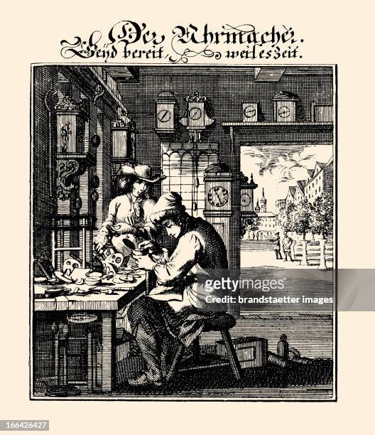 Professions - Watchmaker. Etching by Christoph Weigel. From: Abbildung der Gemein-Nuetzlichen Haupt-Staende . Regensburg 1698. Berufe - Uhrmacher....