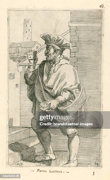 Professions - The postman. 1646. Etching after a drawing by Annibale Caracci. Berufe - Porta Lettere . 1646. Radierung nach Zeichnung von Annibale...