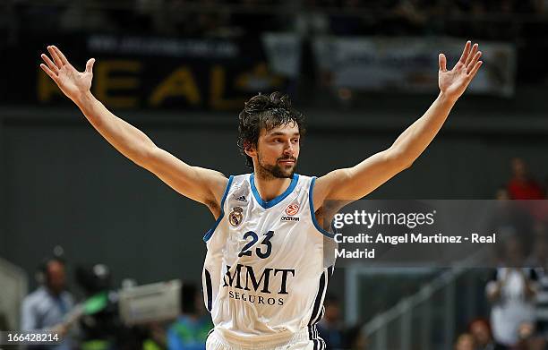 Sergio Llull of Real Madrid celebrates during the Turkish Airlines Euroleague Play Off game 2 against Maccabi Electra Tel Aviv at Palacio de los...