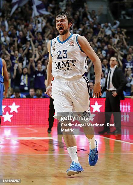 Sergio Llull of Real Madrid celebrates during the Turkish Airlines Euroleague Play Off game 2 against Maccabi Electra Tel Aviv at Palacio de los...