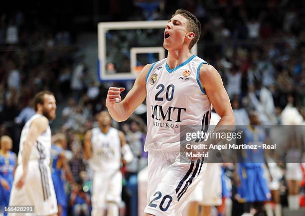 Jaycee Carroll of Real Madrid celebrates during the Turkish Airlines Euroleague Play Off game 2 against Maccabi Electra Tel Aviv at Palacio de los...