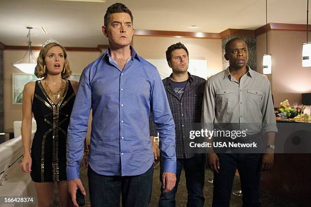 Deez NUPs" Episode 707 -- Pictured: Maggie Lawson as Juliet O'Hara, Timothy Omundson as Lassiter, James Roday as Shawn Spencer, Dule Hill as Burton...