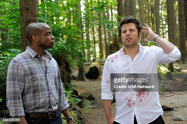 Right Turn or Left for Dead" Episode 708 -- Pictured: Dule Hill as Burton 'Gus' Guster, James Roday as Shawn Spencer --
