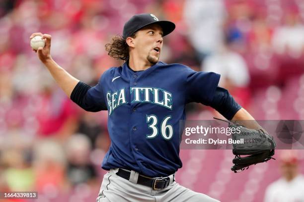 Logan Gilbert of the Seattle Mariners pitches in the first inning against the Cincinnati Reds at Great American Ball Park on September 06, 2023 in...