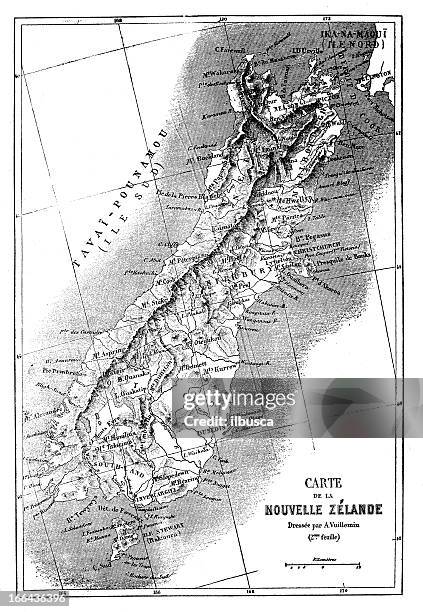 new zealand south island (te wai pounamu) antique map (french) - maori art stock illustrations