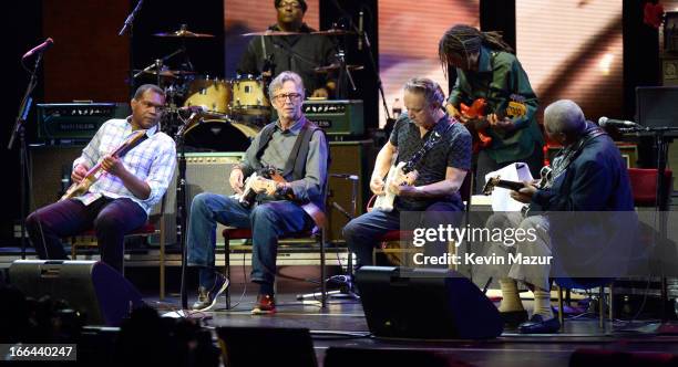 Robert Cray, Eric Clapton, Jimmie Vaughan, Gary Clark Jr. And BB King perform on stage during the 2013 Crossroads Guitar Festival at Madison Square...