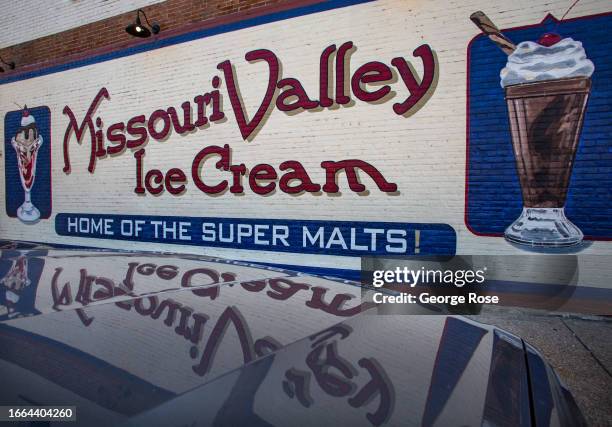Downtown wall mural for Missouri Valley Ice Cream is viewed on August 26 in Hermann, Missouri. Settled by German immigrants in 1837, Hermann, a...