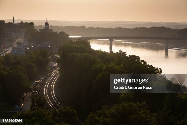 The sun sets over the downtown and Missouri River on August 26 in Hermann, Missouri. Settled by German immigrants in 1837, Hermann, a picturebook...