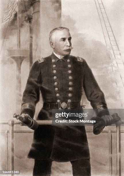 Gravure depicts American naval commander George Dewey on his flagship during the Battle of Manila Bay in the Spanish-American War, Philippine...