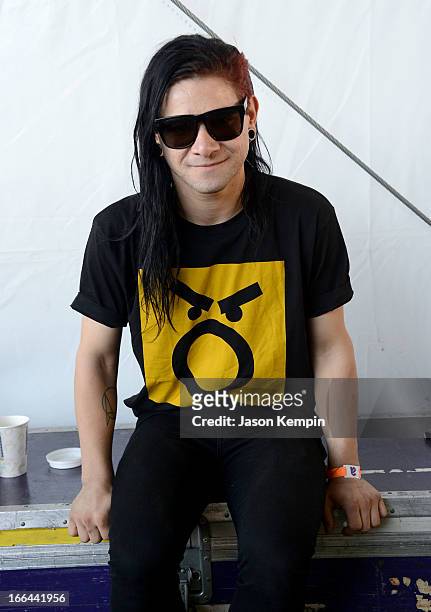 Musician Skrillex performs onstage during day 1 of the 2013 Coachella Valley Music & Arts Festival at the Empire Polo Club on April 12, 2013 in...