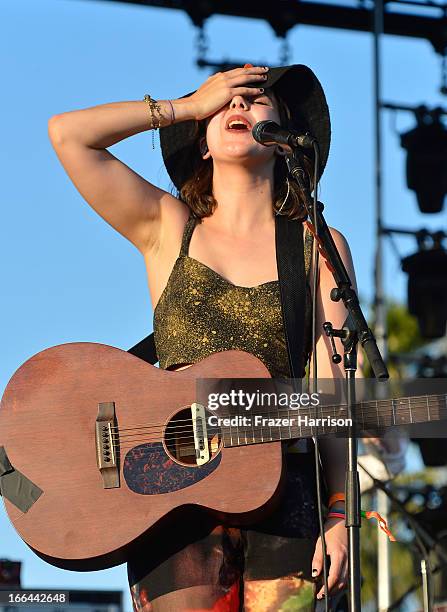 Musician Nanna Bryndis Hilmarsdottir of Of Monsters and Men performs onstage during day 1 of the 2013 Coachella Valley Music & Arts Festival at the...