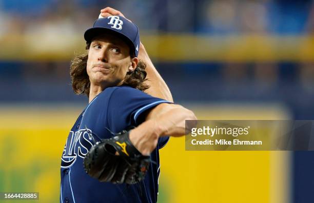 Tyler Glasnow of the Tampa Bay Rays pitches during a game against the Boston Red Sox at Tropicana Field on September 06, 2023 in St Petersburg,...