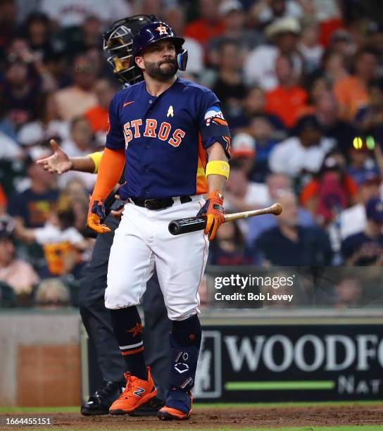 Jose Altuve of the Houston Astros strikes out against the New York Yankees at Minute Maid Park on September 03, 2023 in Houston, Texas.