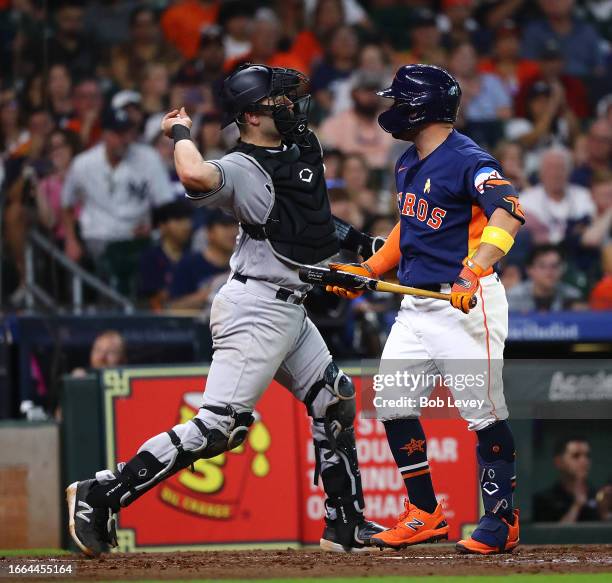 Jose Altuve of the Houston Astros strikes out against the New York Yankees at Minute Maid Park on September 03, 2023 in Houston, Texas.