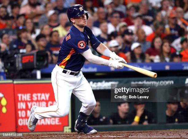 Alex Bregman of the Houston Astros bats against against the New York Yankees at Minute Maid Park on September 03, 2023 in Houston, Texas.