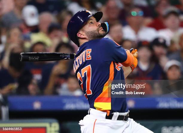 Jose Altuve of the Houston Astros bats against the New York Yankees at Minute Maid Park on September 03, 2023 in Houston, Texas.