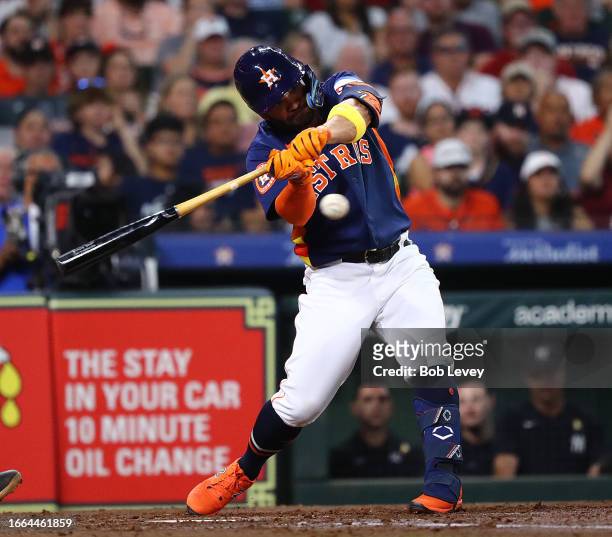Jose Altuve of the Houston Astros bats against the New York Yankees at Minute Maid Park on September 03, 2023 in Houston, Texas.