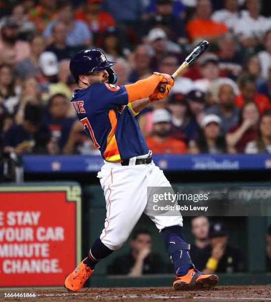 Jose Altuve of the Houston Astros bats against the New York Yankees at Minute Maid Park on September 03, 2023 in Houston, Texas.