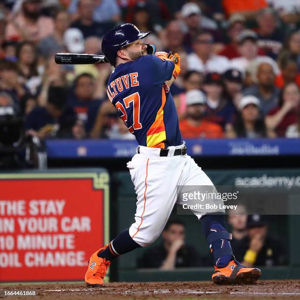 Jose Altuve of the Houston Astros bats against the New York Yankees at Minute Maid Park on September 03, 2023 in Houston, Texas.