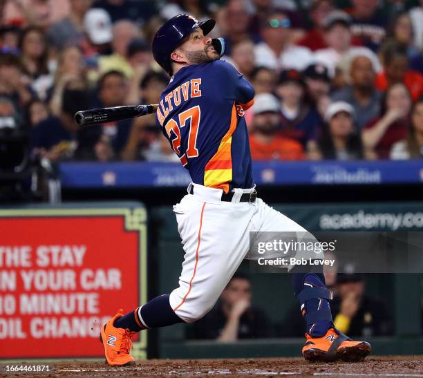 Jose Altuve of the Houston Astros bats against the New York Yankees at Minute Maid Park on September 03, 2023 in Houston, Texas.