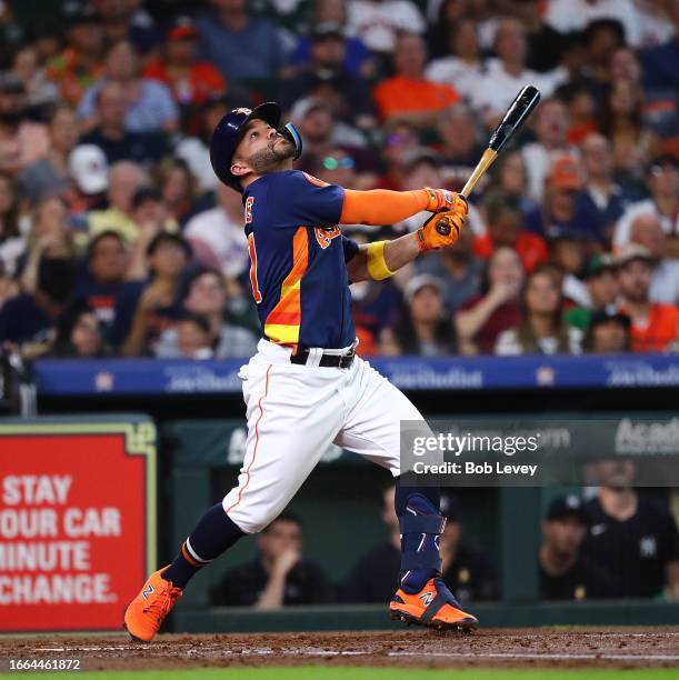 Jose Altuve of the Houston Astros bats against the New York Yankees at Minute Maid Park on September 03, 2023 in Houston, Texas.