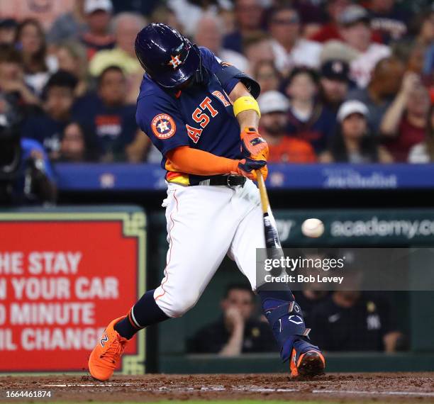 Jose Altuve of the Houston Astros bats against the New York Yankees at Minute Maid Park on September 03, 2023 in Houston, Texas.