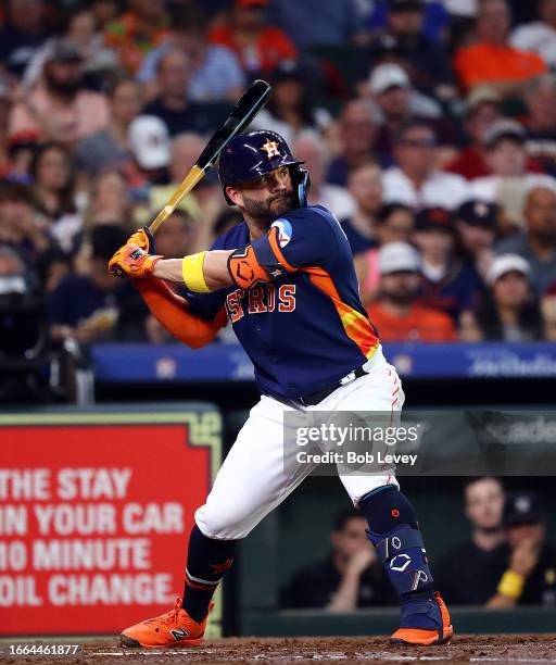 Jose Altuve of the Houston Astros bats against the New York Yankees at Minute Maid Park on September 03, 2023 in Houston, Texas.