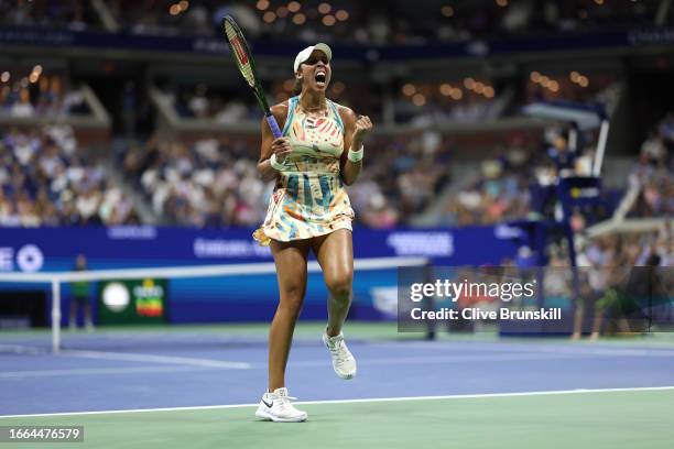 Madison Keys of the United States celebrates match point against Marketa Vondrousova of the Czech Republic during their Women's Singles Quarterfinal...