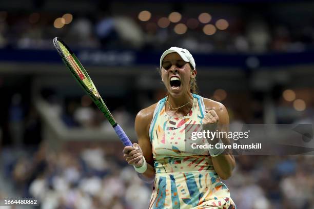 Madison Keys of the United States celebrates match point against Marketa Vondrousova of the Czech Republic during their Women's Singles Quarterfinal...