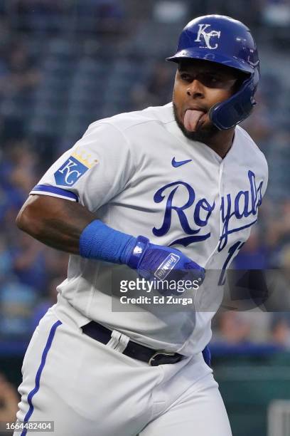 Nelson Velazquez of the Kansas City Royals celebrates a two-run home run in the fourth inning against the Chicago White Sox at Kauffman Stadium on...