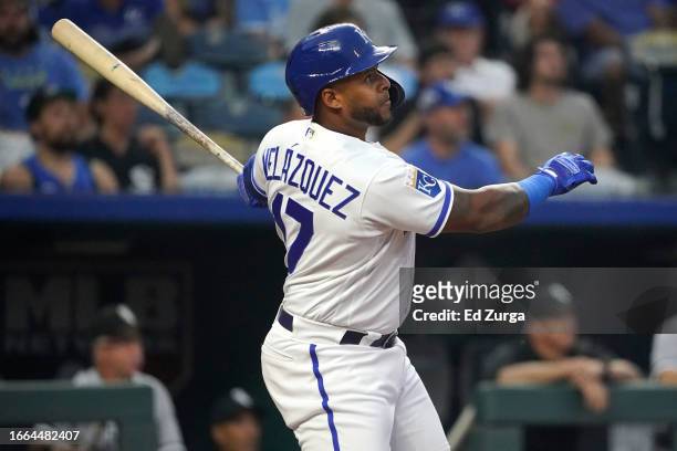Nelson Velazquez of the Kansas City Royals hits a two-run home run in the fourth inning against the Chicago White Sox at Kauffman Stadium on...